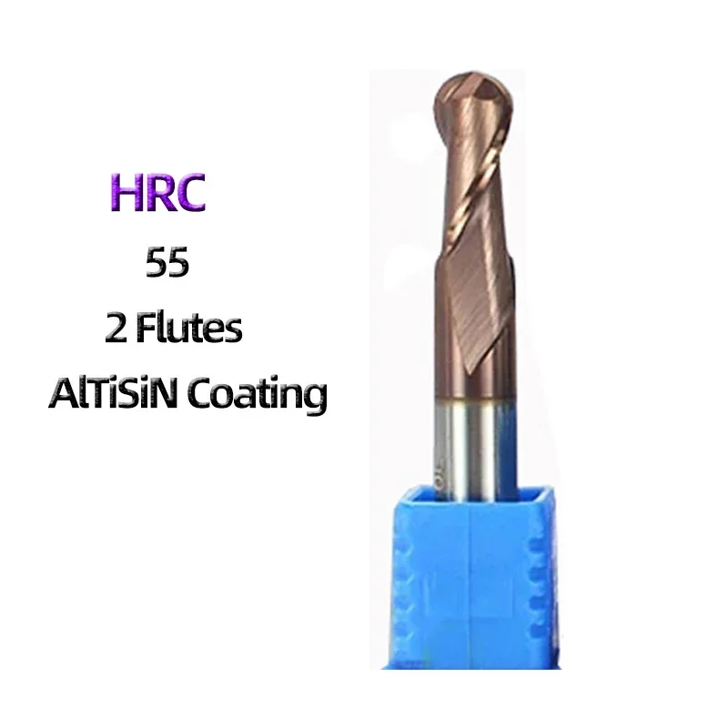 HRC55 58 60 65 2 Flute Ball Nose End Mill Tungsten Carbide Cutter CNC Router Bit Milling Tool R0.5 R0.75 R1.0 R1.5 R2.0