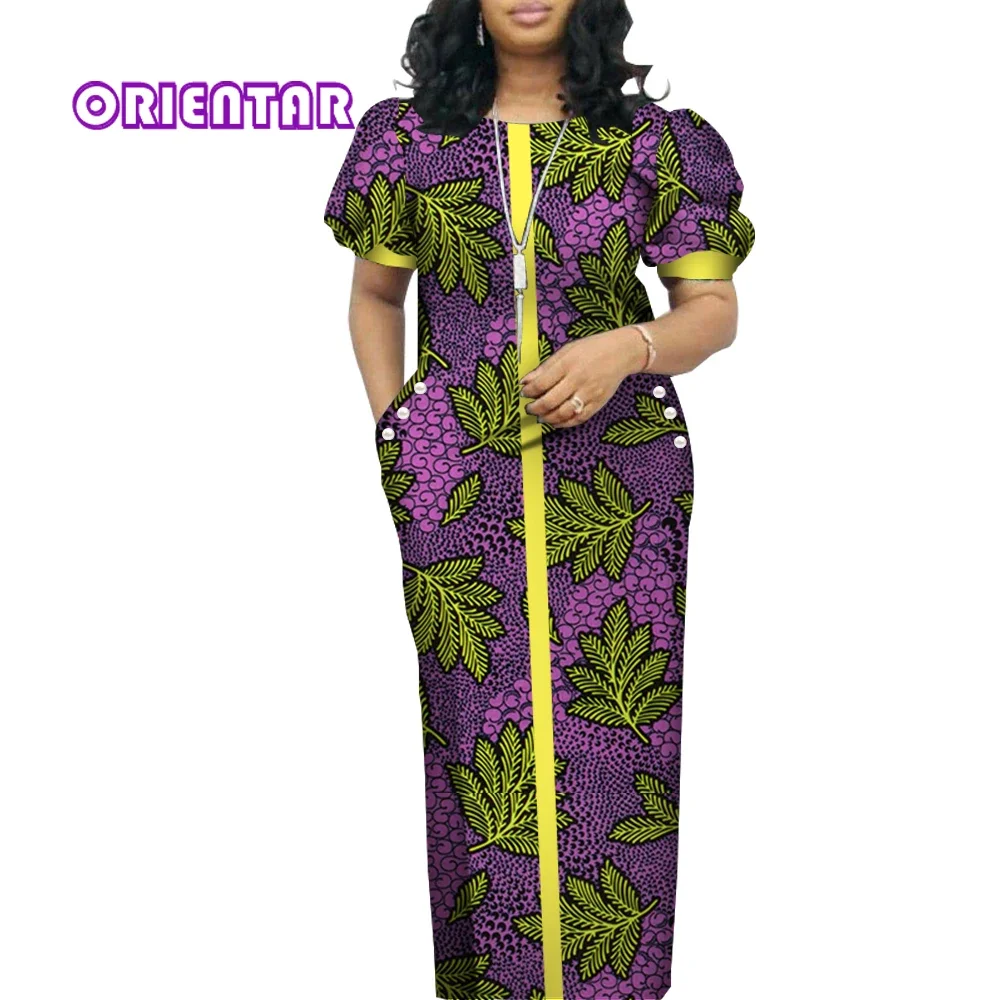 Elegant Women African Dress O-neck Short Puff Sleeve Long Maxi Dresses African Print Clothing Bazin Riche Plus Size Dress WY4542