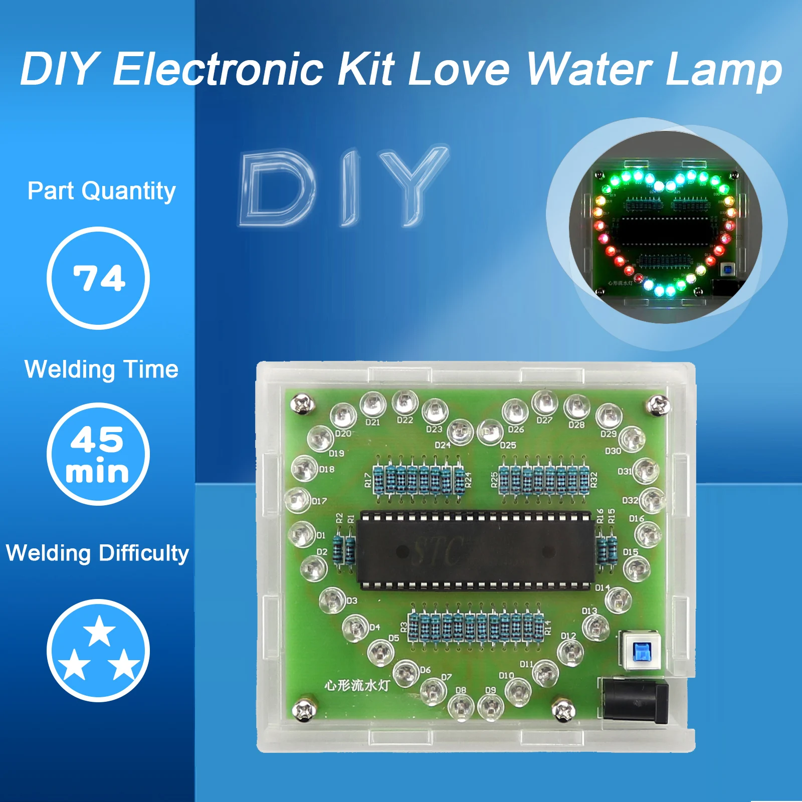 Arduinoの心の形をした電子キット,カラフルなまぶしさのあるLED,rgbモジュール,loveウォーターライト,stc89c52,51,シングルチップ,マイクロ,コンピューター