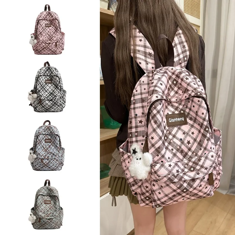 Star-print Checkered Nylon Backpack Teenage Students School Bags Girls Cute Daypack Street Y2K Backpack Casual Travel Rucksack