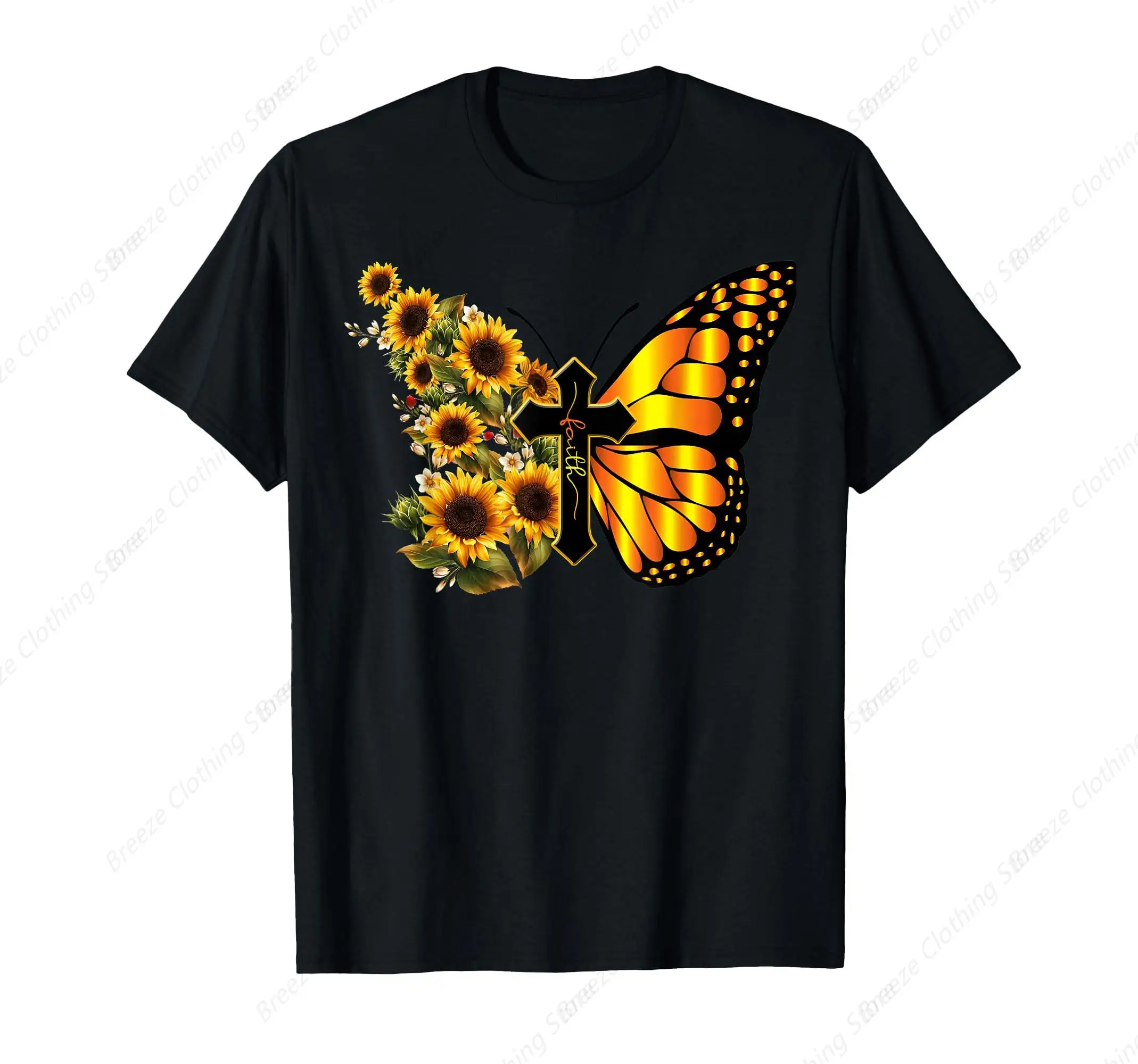 

Vintage Women Men Faith Cross Sunflower Butterfly Christian T-Shirt