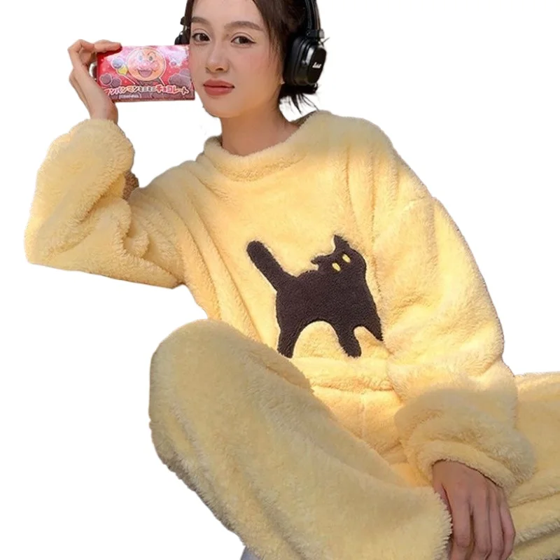 Half Side Velvet Goose Women's Plus Velvet and Thick Coral Velvet Sleepwear Suit  Autumn and Winter Home Wear Age Reduction Girl