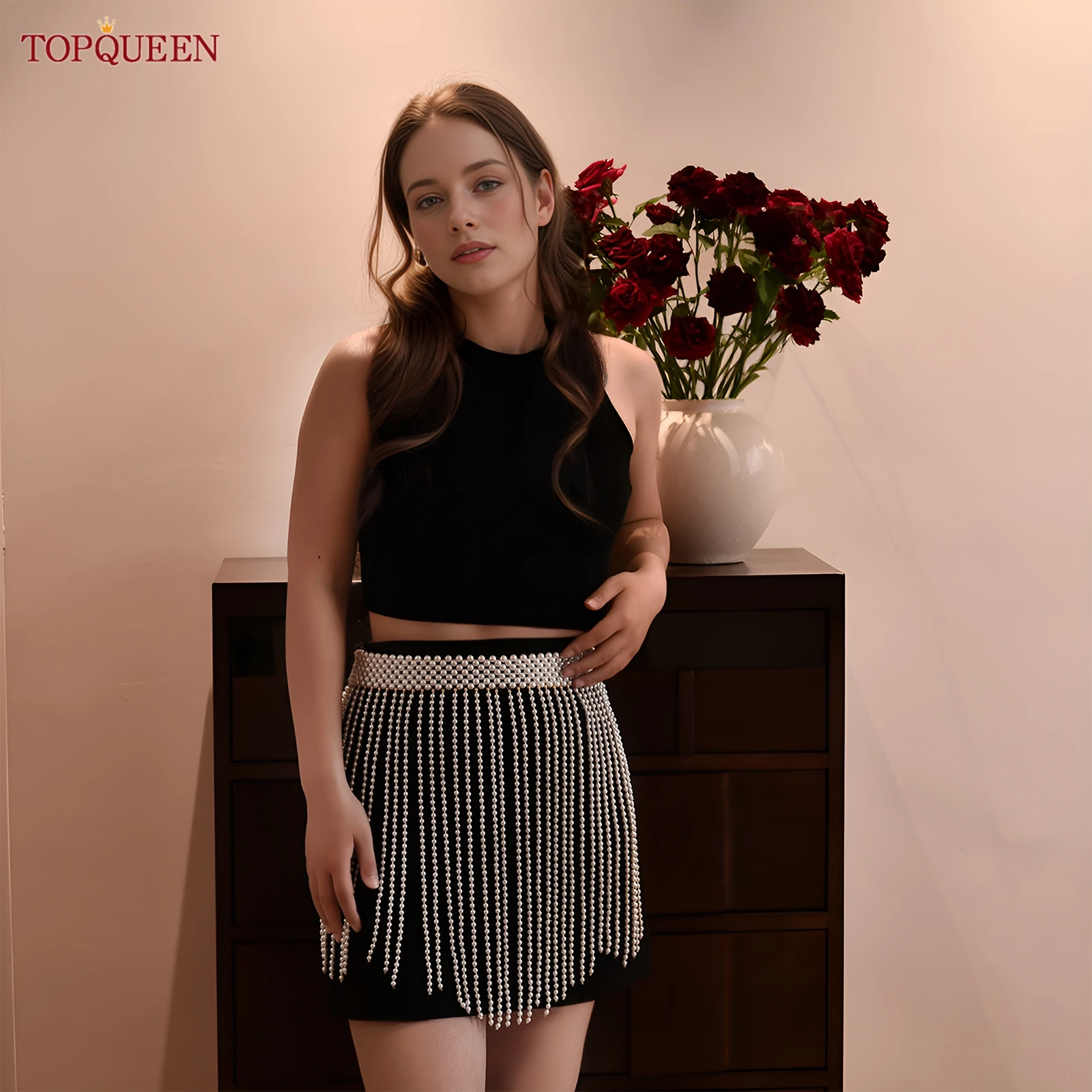 TOPQUEEN Pearl Fringe Style Women's Skirt Short High Waisted Belly Button Chain Sexy Body Accessories Pearl Belt Accessories G97