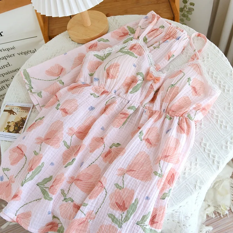 Pajamas Set For Women Spaghetti Strap Top and Shorts Set Cotton Sleepwear Floral Printed Cute Sweet Pajama Suit Nightwear Summer