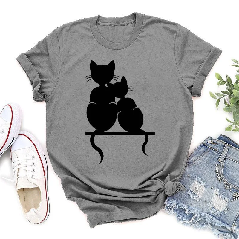 여성용 귀여운 고양이 프린트 티셔츠, 사랑스러운 반팔 캐주얼 티셔츠, 재미있는 숙녀 라운드넥 상의, 여름