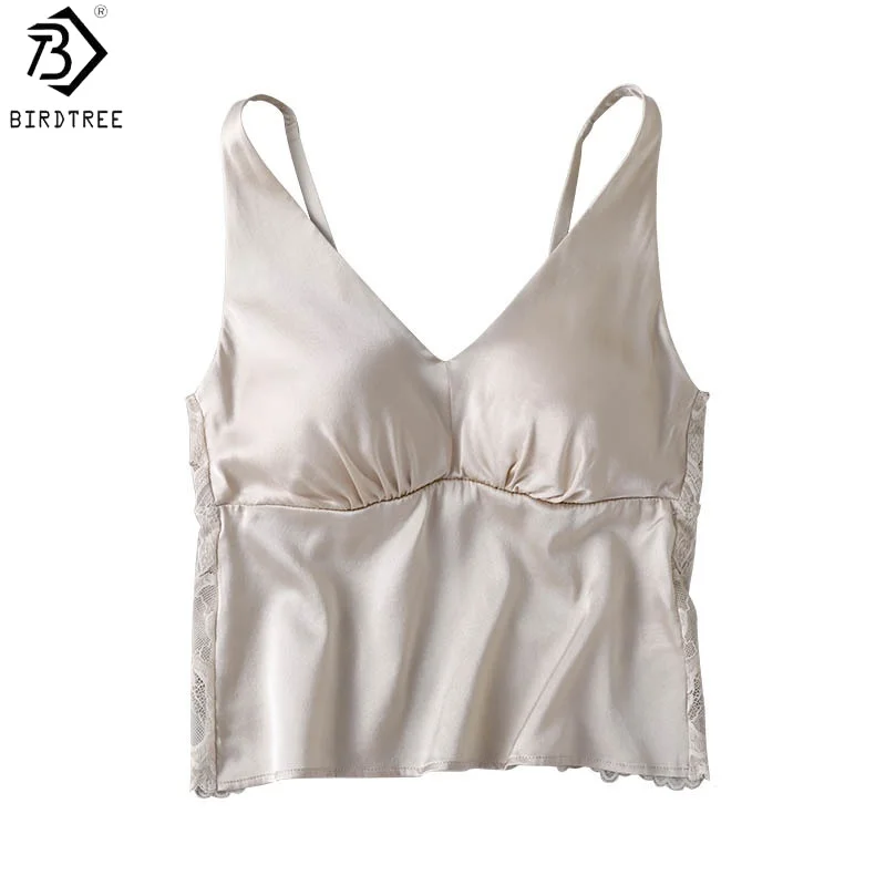 

Birdtree, 93% Silk 7% Spandex Lace Tank Top, with Bra Padding Sling Vest, Woman Satin Basics French Style Top, 2026 New T63934JF