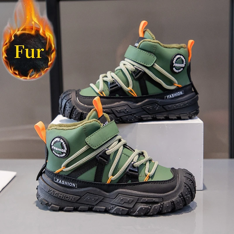 

Winter Plush Snow Boots Boy Trainers Green Velvet Children's Hiking Shoes Comfy Warm Non-Slip Outdoor Sneakers Kids Sports Shoes