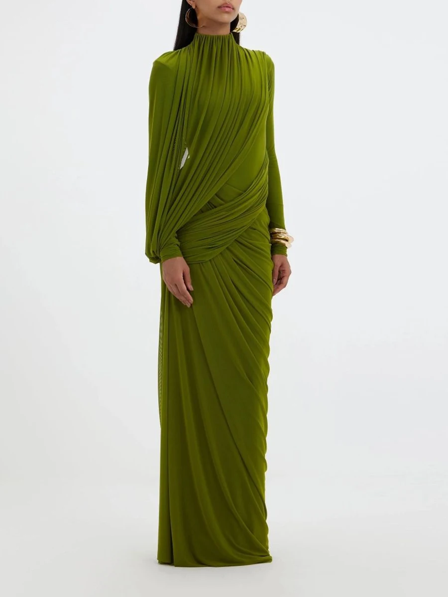 VGH Elegant Vintage Spliced Ribbon Dresses for Women Turtleneck Long Sleeve Irregular Folds Evening Luxurious Maxi Dress Female