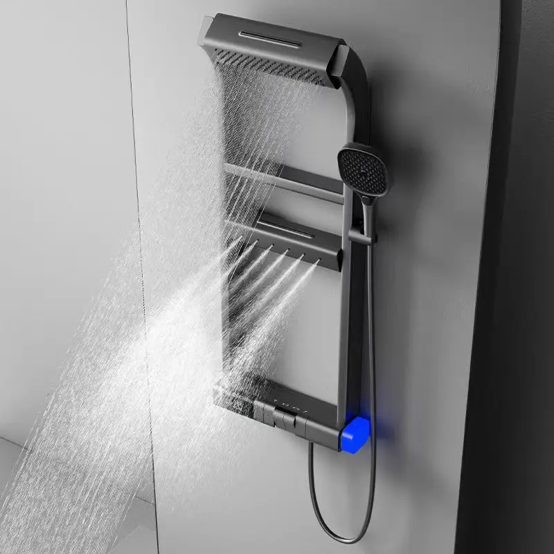 

Multifunctional Brass Storage Rack Constant Temperature Digital Display Supercharged Shower Head Home Bathroom Shower Set