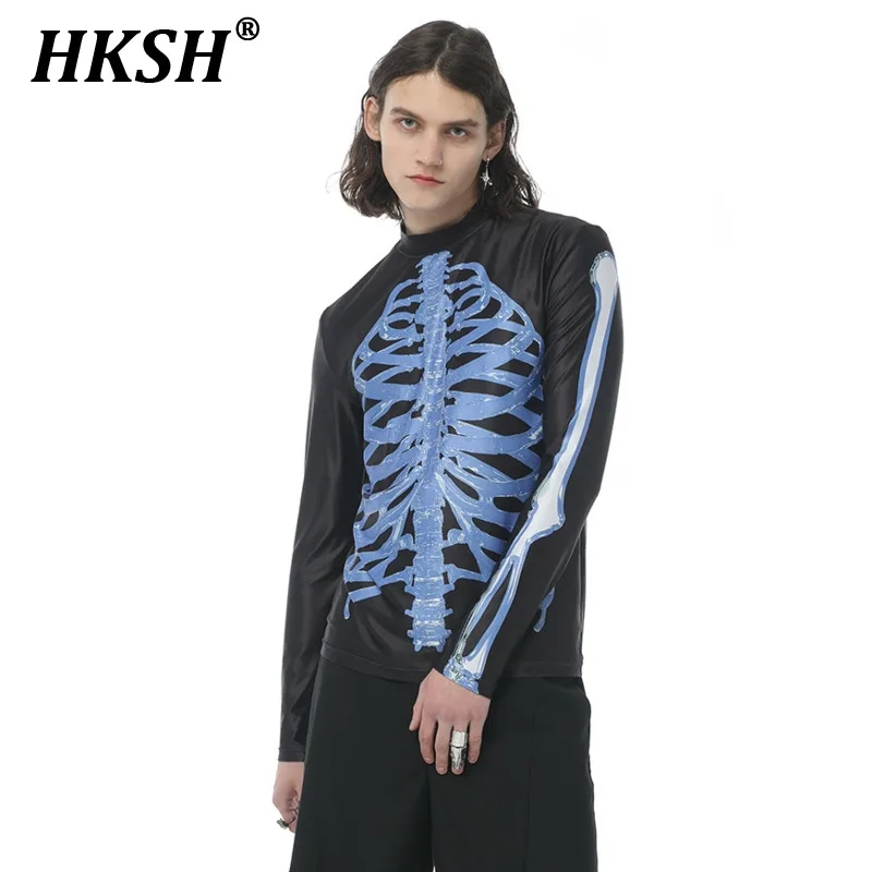 

HKSH Spring Summer New Men's Tide Dark 3D Bone Printed Ice Feeling Milk Silk T-shirt Fashion Techwear Chic Gpthic Tees HK0841