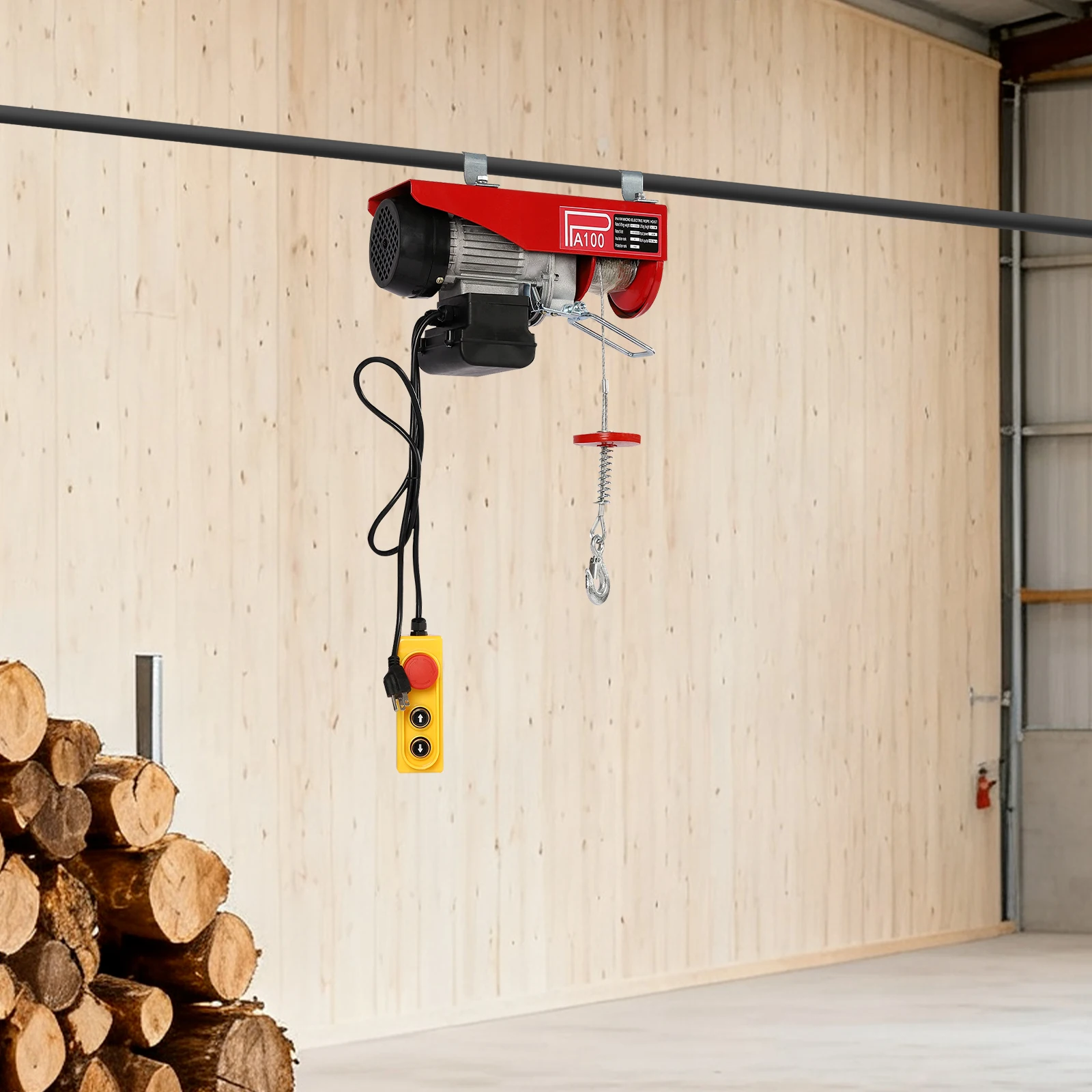 Electric Hoist 100kg With Emergency Stop Button, 220lbs Capacity Double Rope Lift With 2 Slings, Mini Overhead Crane With Wired Remote for Garage Workshop, US Plug
