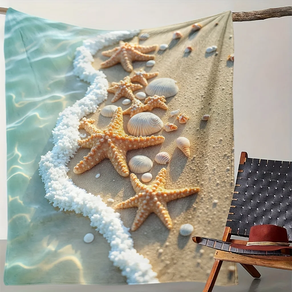 Coastal Beach Theme Flannel Blanket with Starfish Shell Wave Design Soft High-Definition Digital Print Cooling Blanket All-Seaso