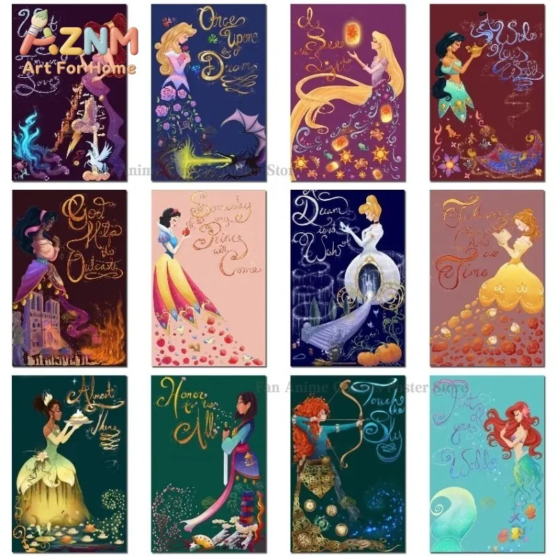 AZNM Lienzo con estampado artístico de la princesa Bella de Disney, decoración de pared con ilustración de Bella con rosa y libro en vestido dorado, cita de cuento de hadas T