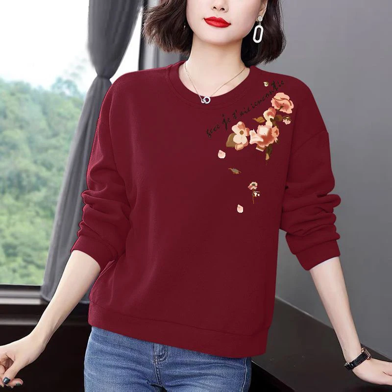 Women Clothing Autumn Winter Korean Floral Letter Print Y2K Plush Thick Sweatshirt Trendy Casual Long Sleeve Loose Pullover Tops