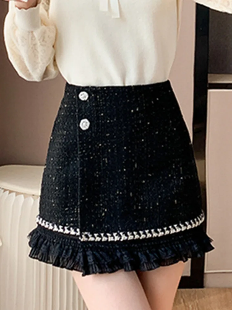 Celebrity Small Fragrant Style Elegant Ladies Lace Spliced Thick Tweed  Skirt Women's High Waist Woolen Mini Skirt Saia Feminina