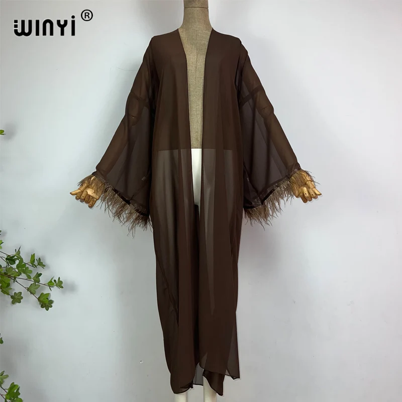 WINYI kimono estate capelli di struzzo boho caftani per donna Cover-up elegante Cardigan sexy maxi beach costume da bagno abito da sera da sera