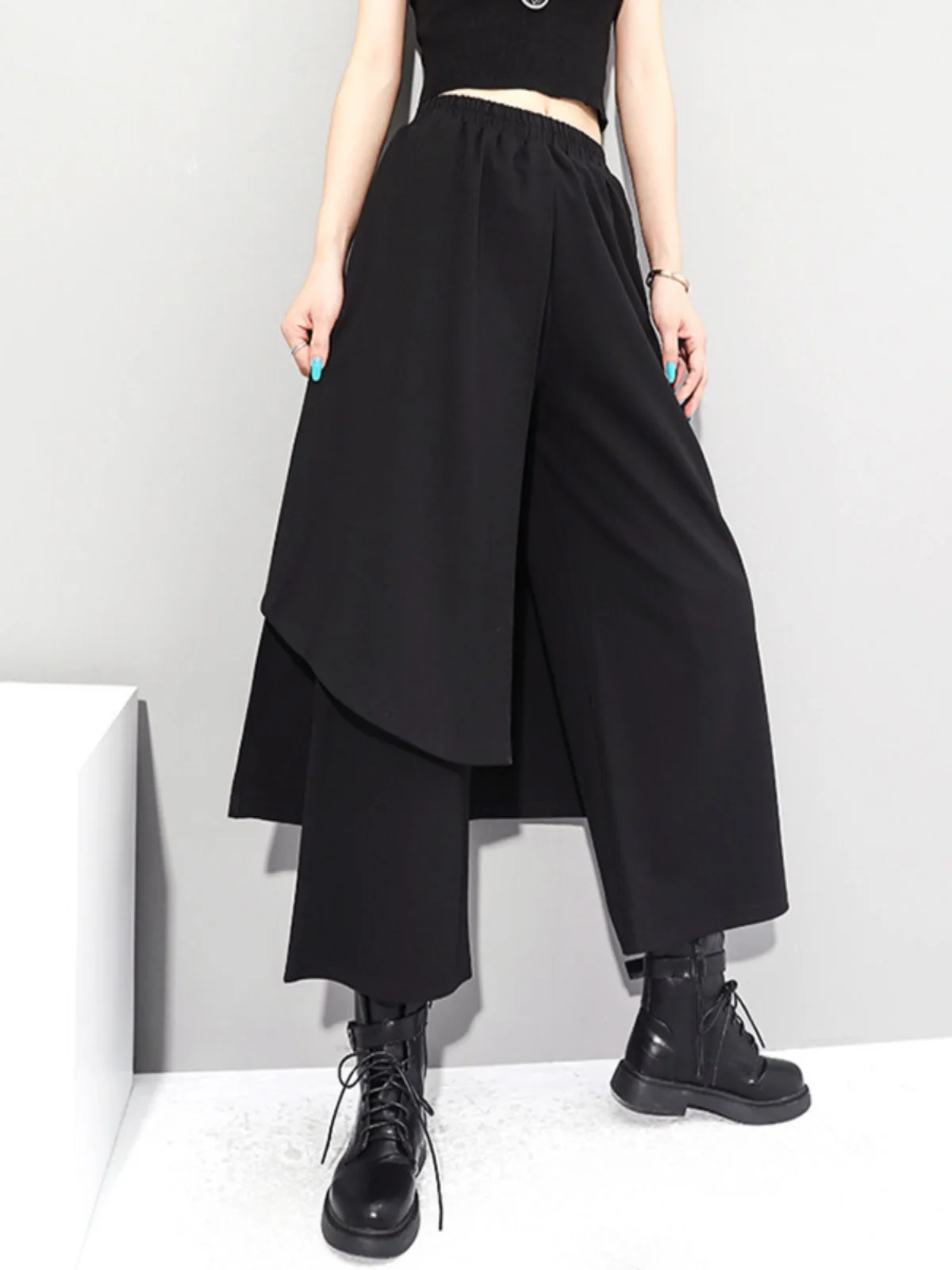 Asymmetric Street Style Loose Wide Leg Pants Patchwork Nine Point Skirt Pants Punk Flavor Casual Trousers for Women