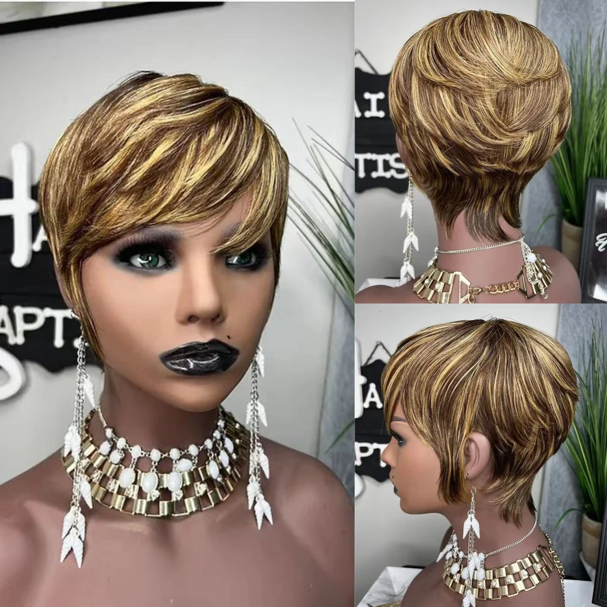 CUZ of HAIR Ombre Dark Brown Honey Blonde Highlight Synthetic Short Straight Pixie Cut Hair Bob Wigs With Bangs For Black Woman