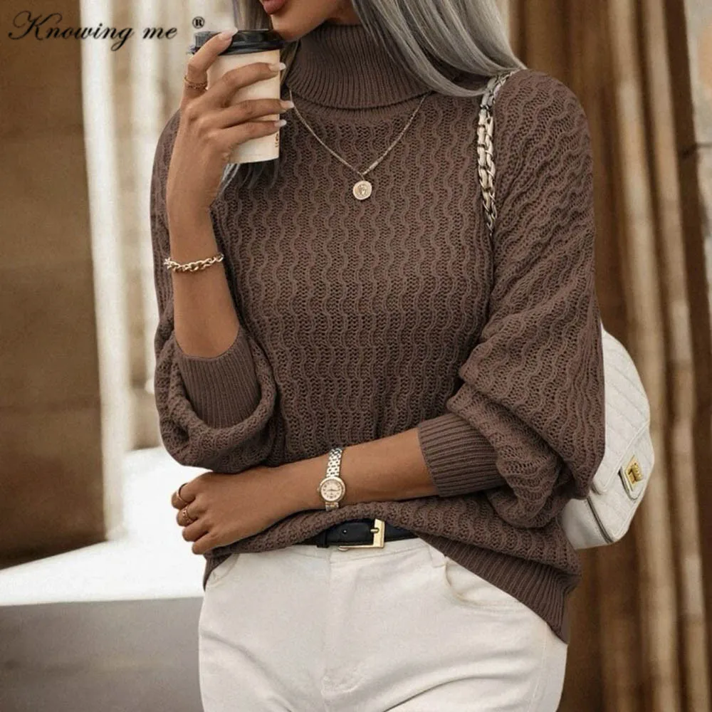 2024 New Women's Sweater Elegant Autumn WinterFashion High collar Knitted Sweater Office Lady Casual solid Loose solid knit top