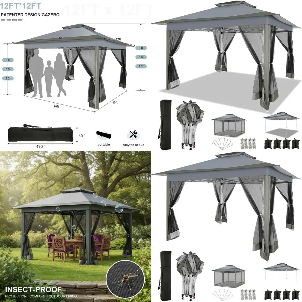 

12x12 Outdoor Pop-Up Gazebo with Mosquito Net, Sandbags, 4 Ropes, 8 Stakes, and Carry Bag, Ideal for Garden & Lawn, Dark Grey Up