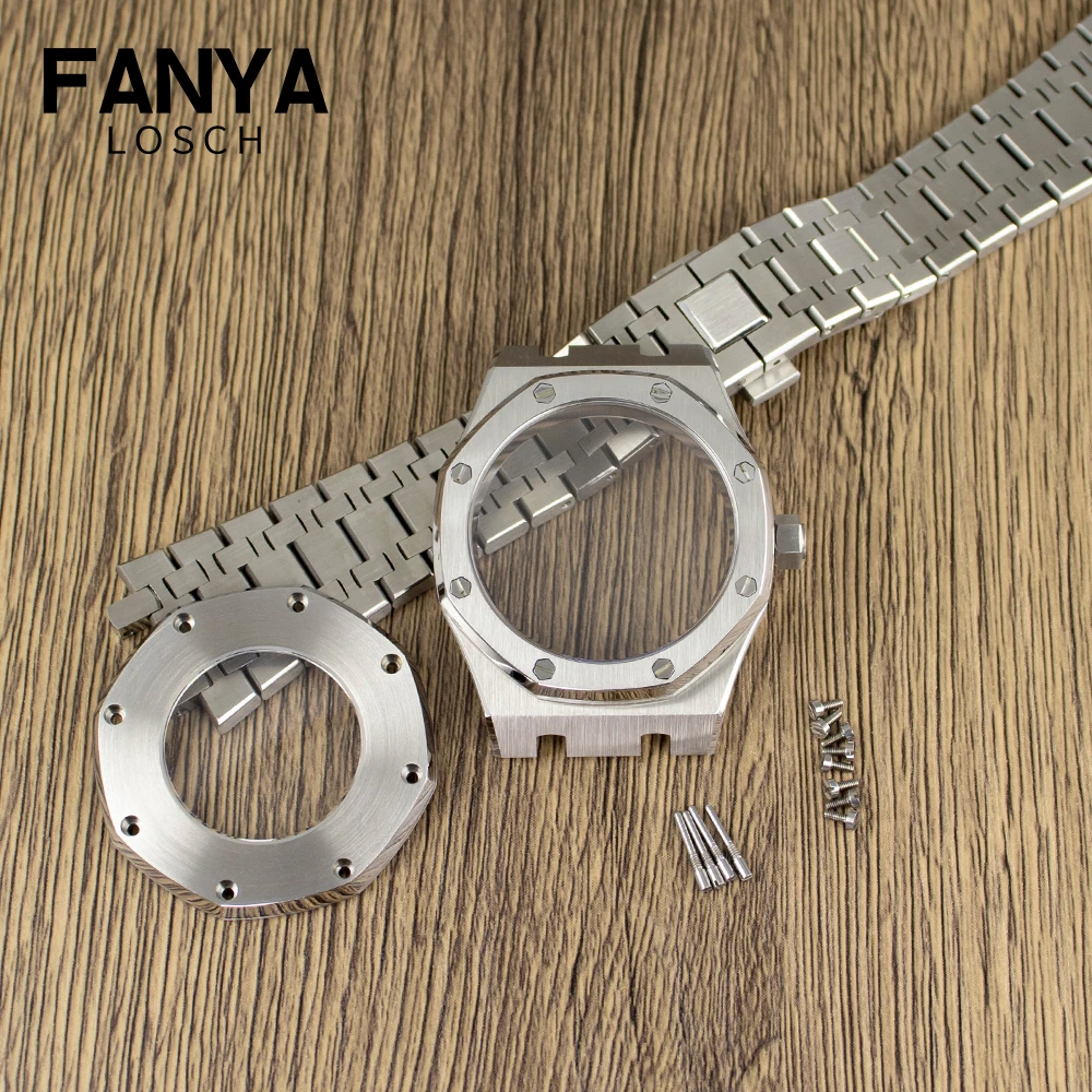 Fanyalosch For Stainless Steel Brushed 41mm Octagon Watch Case Bracelet Glass Back Black Chapter Ring Sapphire Fit NH35 NH36 72