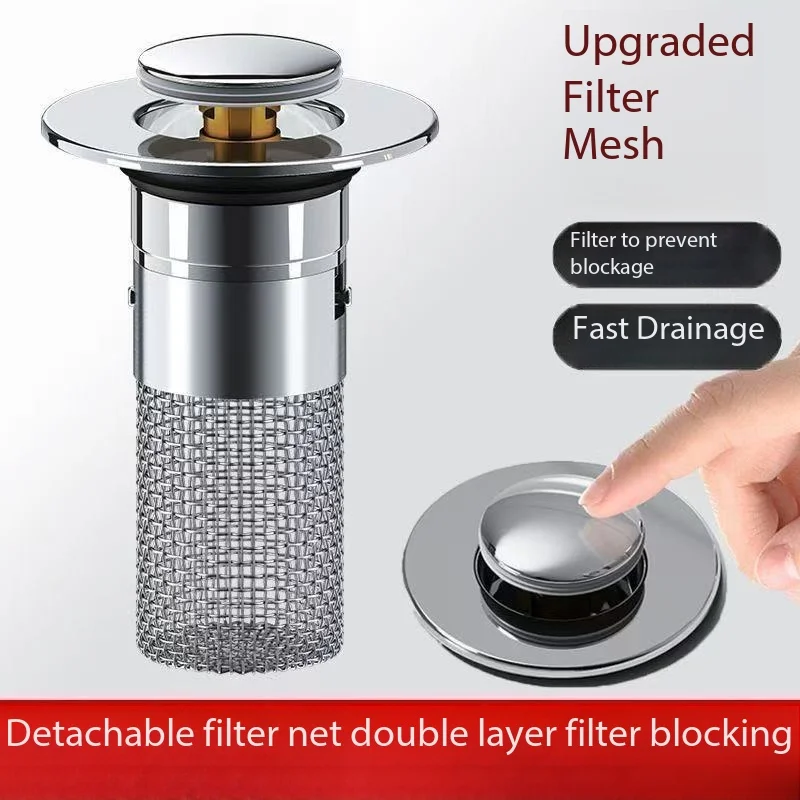 

Faucet filter to prevent blockages, pressure release button, leak-proof plug for washbasin, leak-proof plug for sink, universal