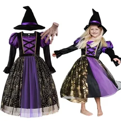 Halloween Dress for Girls Cosplay Witch Costume Purple Puffy Dress 3-8Yrs Children Carnival Party Clothes Suit Kid Girl Costumes