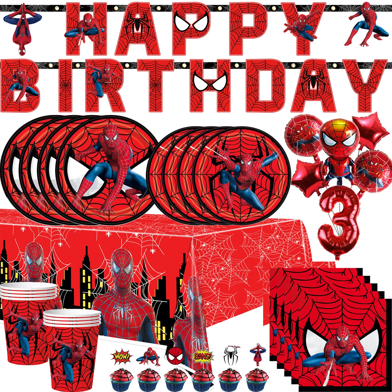 Spiderman Birthday Party Decorations Plates,Napkins,Paper Cups,Spiderman Tablecloth,Banner Birthday Party Supplies