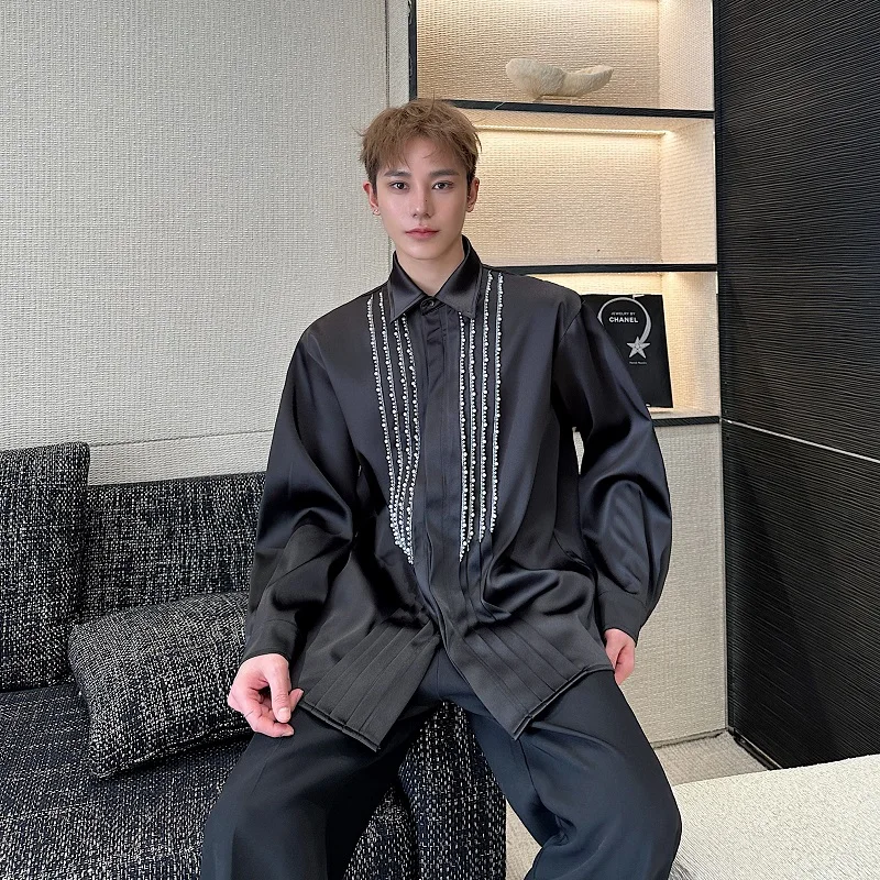 

Elegant Pearl Decorated Long Sleeve Black Shirt Men's Style Korean High-End Feelings Courtly Atmosphere Fashionable Youth