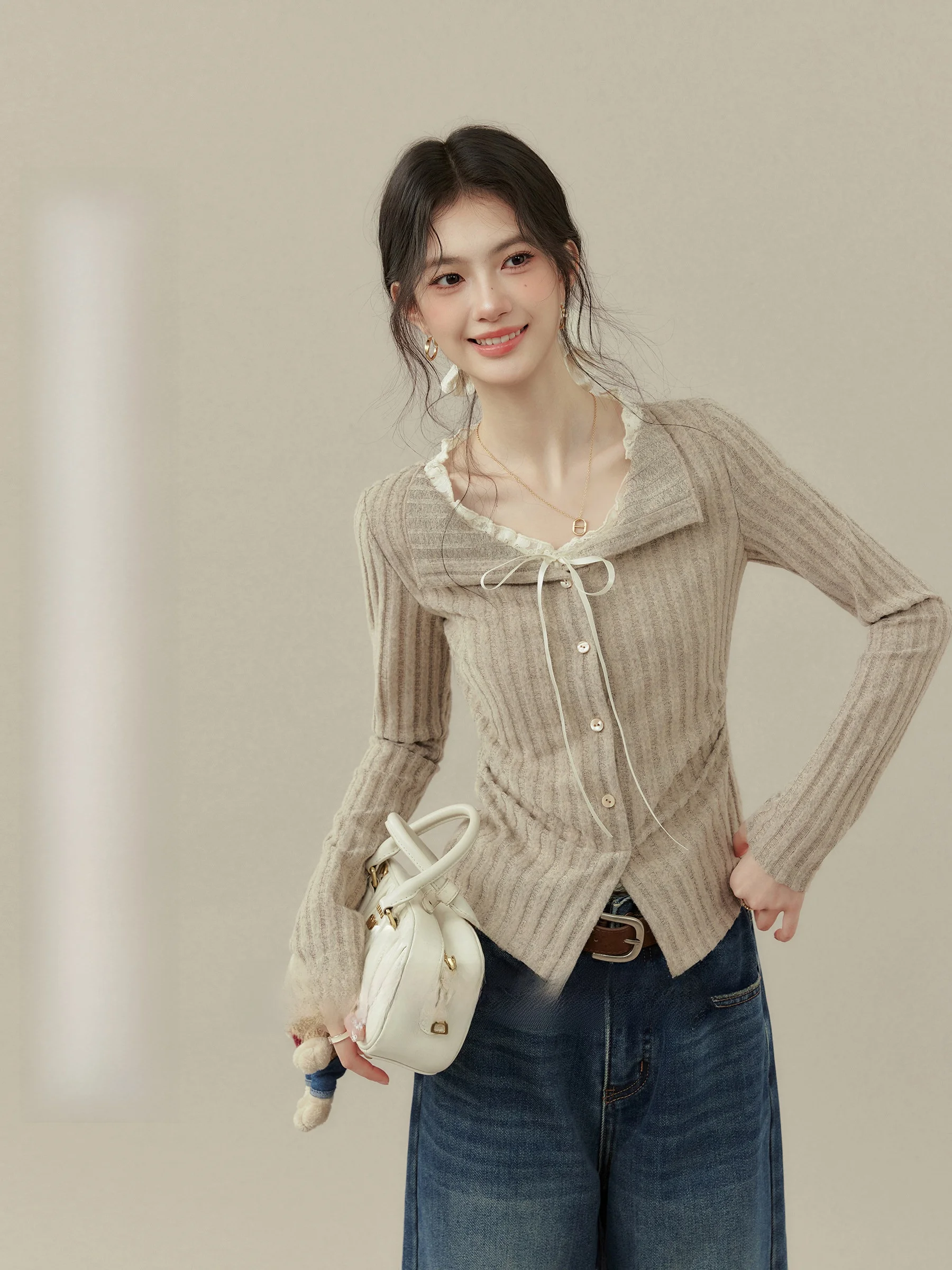 

Корейская кружевная футболка Sle Long Sve для женщин больших размеров, многослойный вязаный базовый слой, топ V-Ne ort Length