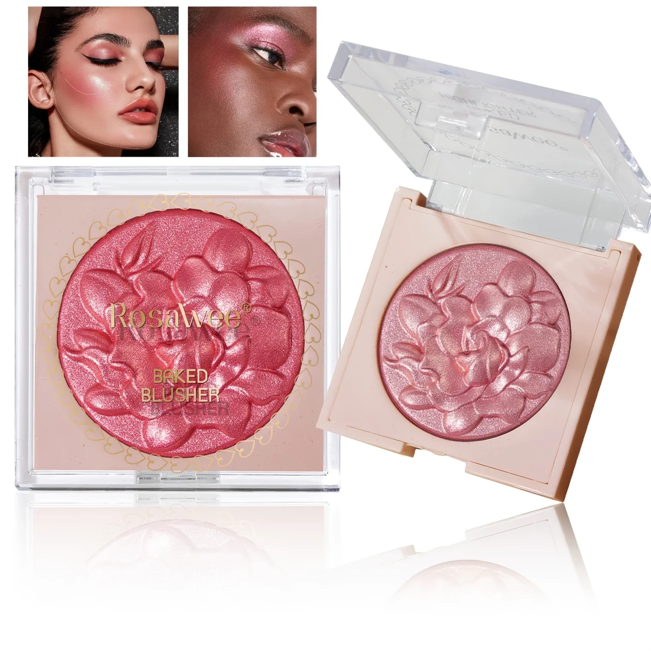 Surligneur blush brillant multicolore, processus de cuisson, effet de maquillage hydratant et brillant, léger et facile à colorer avec texture, éclaircissement du visage, avec effet éclaircissant nacré, palette de fard rose