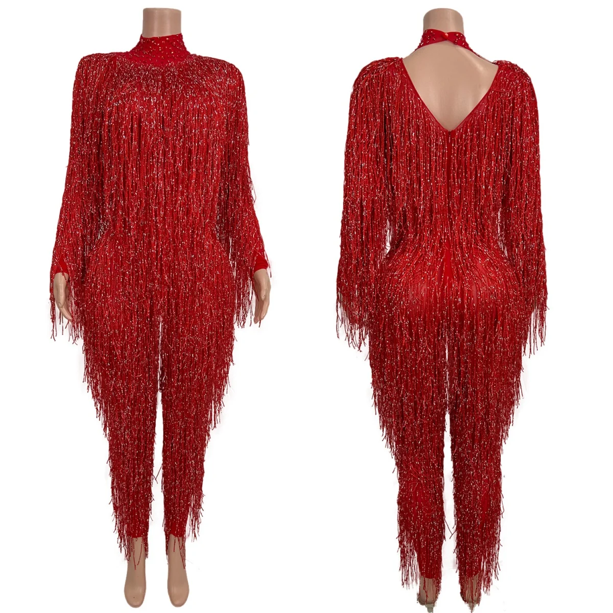Red Full Tassel Tight Fitting Jumpsuit Night Club Sexy Dance Stage Performance Wear Festival Celebrate Party gig Outfit Shizi