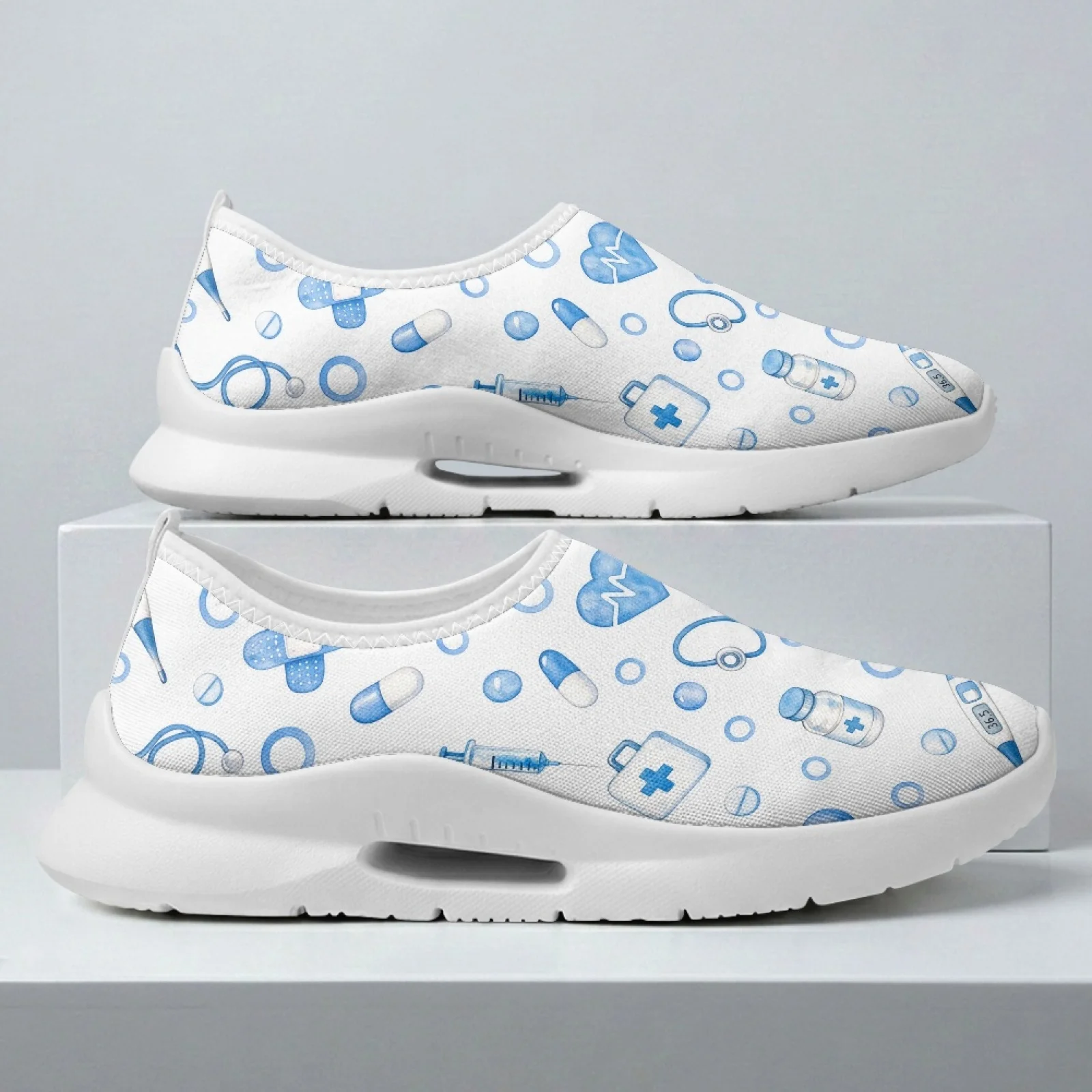 PENSTROLL Mesh & EVA Comfortable Nurse Shoes Slip on Sneakers for Women Work Blue Medical Pattern