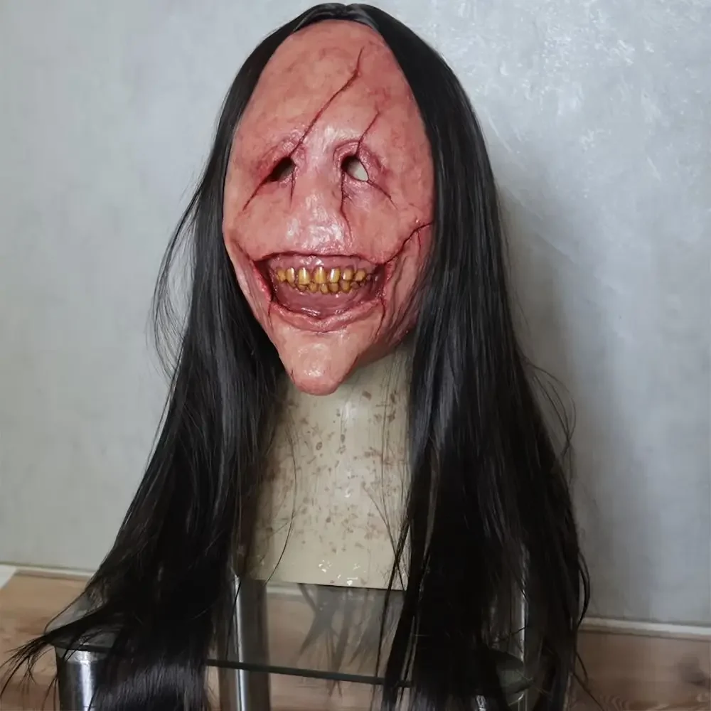 HLH Scary Long Hair Red Face Devil Mask Exposed Teeth Latex Headgear Wig Halloween Mask Spooky Creativity Horror Face Masks