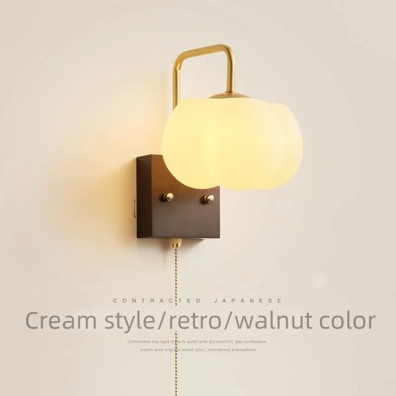 Led Wall Light Beside Lamp Modern New Chinese Pumpkin Lantern Walnut Wood Color Bedroom Study Bedhead Corridor Lamp AC110-220V