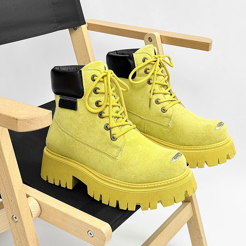 

British Style Motorcycle Boots Men Fashion Yellow Platform Men's Bikers Boots Designer High Top Work Shoes For Men Ankle Boots