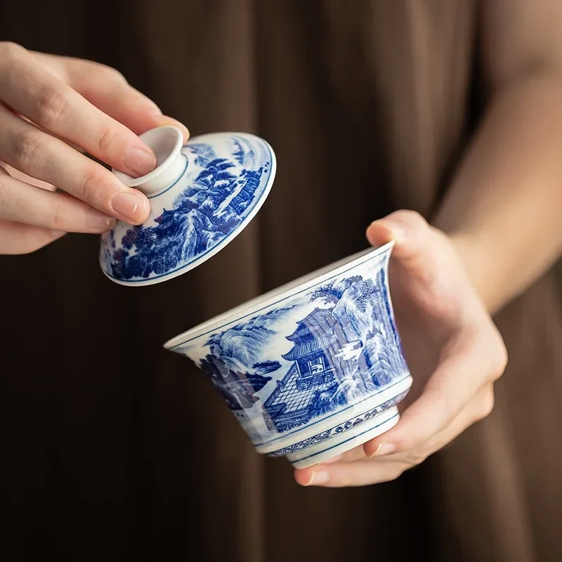 Antique Ceramic Cover Bowl Teacup Household Tea Bowl Blue and White KungFu TeaSet High-end Tea Tray Cover Bowl Holder Ornaments
