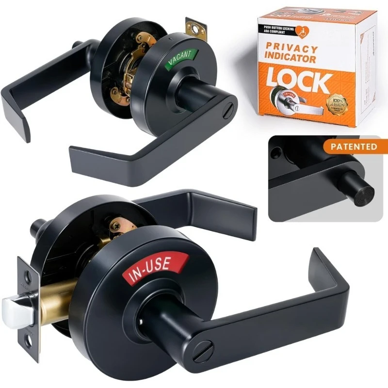 

Push Button Locking Vacant Occupied Bathroom Door Handle with Indicator Sign Commercial ADA Single Egress Privacy Lever Lock