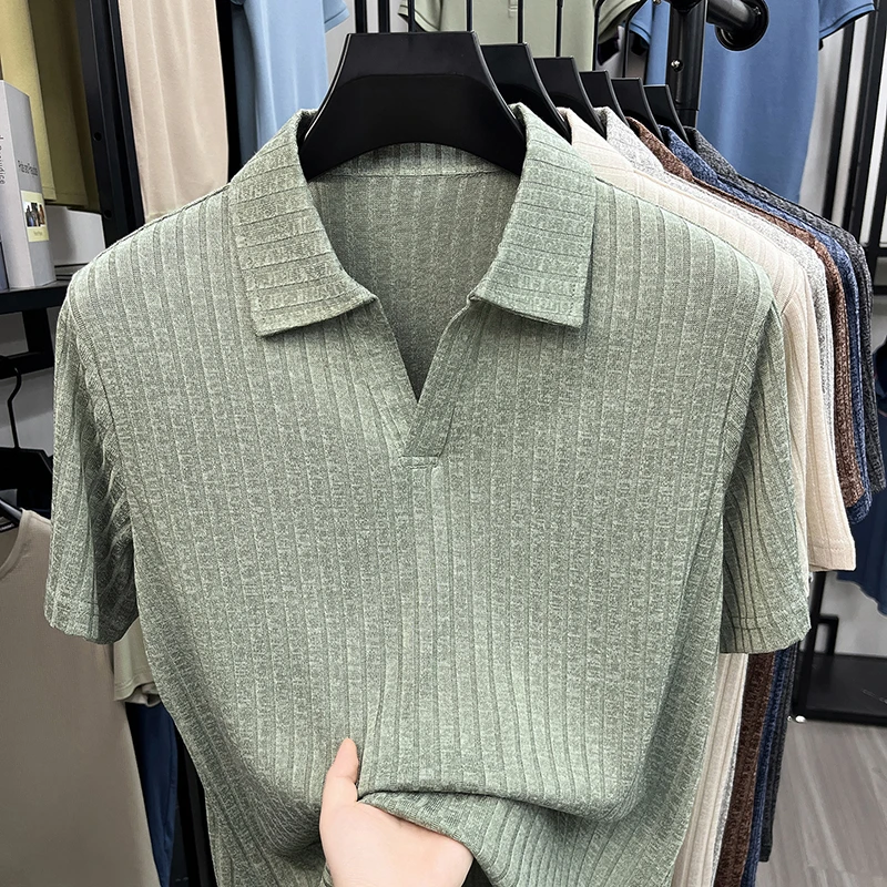 Herren Atmungsaktives Strick-Poloshirt Kurzarm V-Ausschnitt Gestreifter Stoff Bequem Leichtgewichtig Lässig Business Tägliche Kleidung – Detail 11