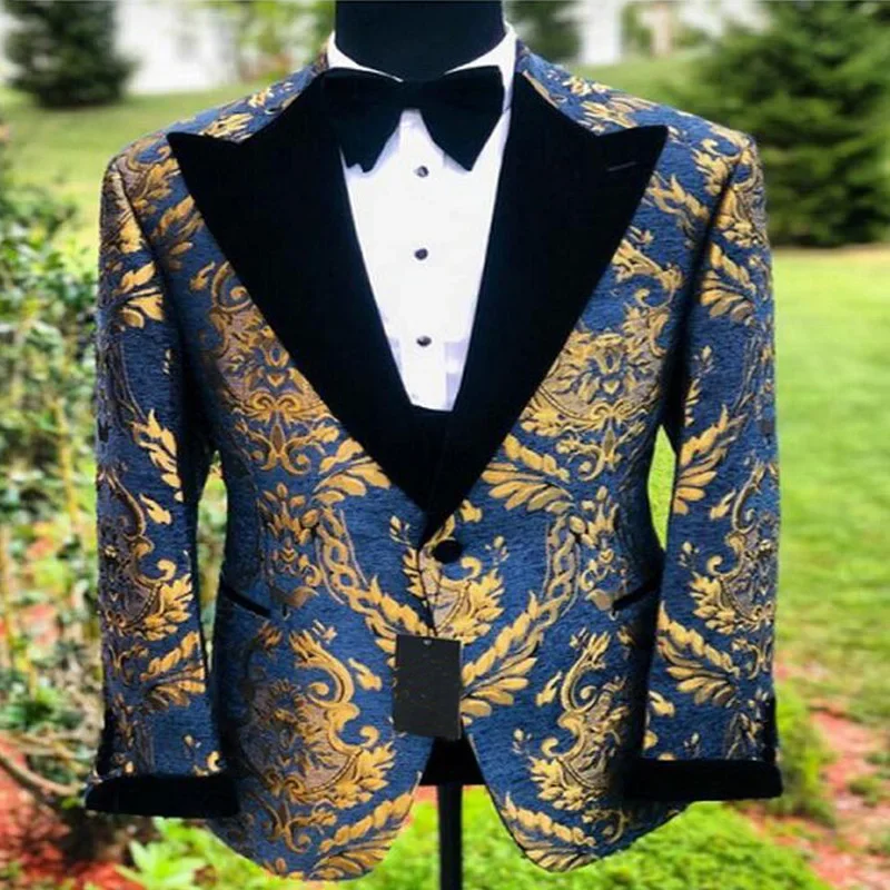 

Floral Jacquard Wedding Tuxedo For Prom Black Peaked Lapel Slim Fit Men Suits With Black Pants Custom Male Fashion 2024