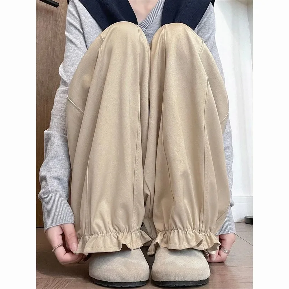 Women High Waist Wide Leg Crop Retro Loose Lantern Pants Spring Autumn Sweet Ruffled Casual Trousers Retro Comfortable Clothing