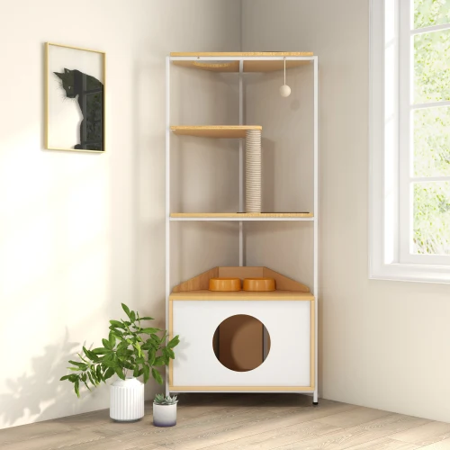 

Corner cat tower, cat tree with scratching post, cat apartment with feeding station, pet furniture for indoor cats.