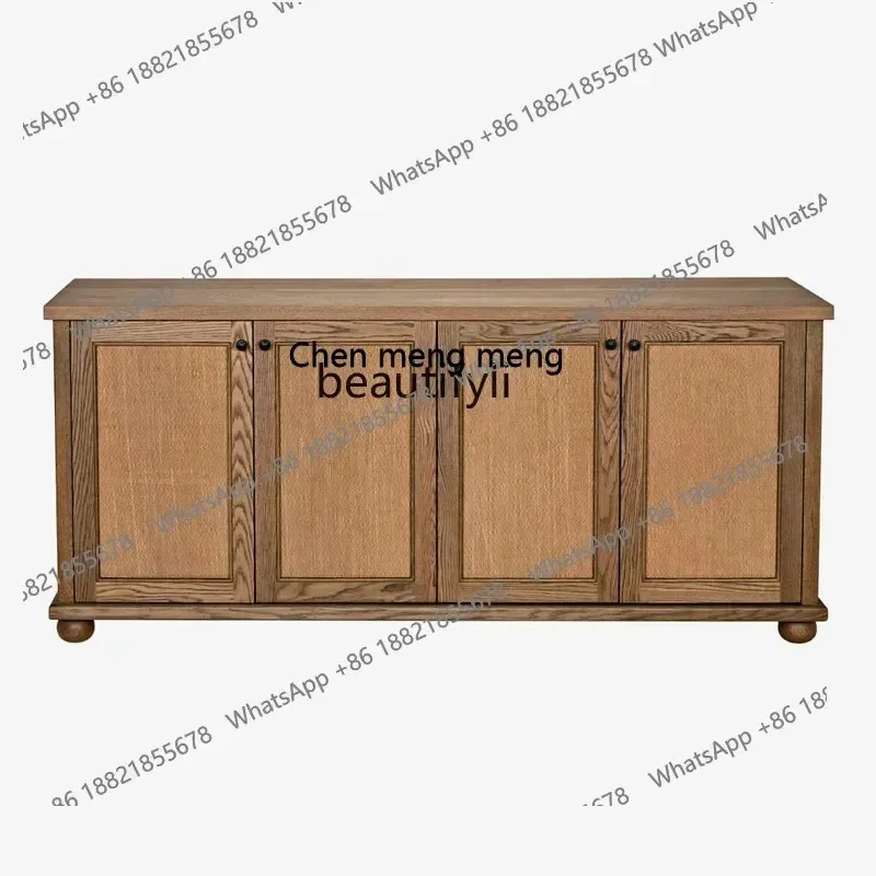 A   R American retro solid wood dining side cabinet, multi-functional locker, natural rattan weaving, porch, foyer decorative ca