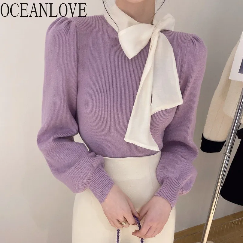 OCEANLOVE French Style Big Bow Women Sweaters Puff Sleeve Contrast Color Elegant Pull Femme Sweet Vintage Slim Pullovers