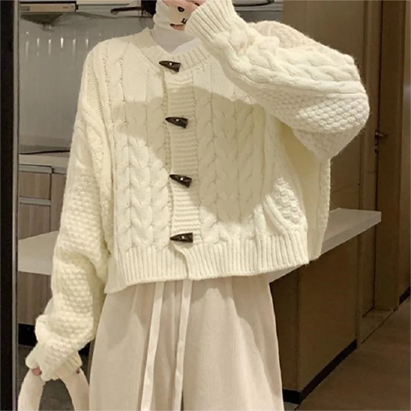 Horn Button Buckle Twist White Knitted Cardigan Single Breasted Women O Neck Loose Sweater Outwear Top 2025 Autumn Winter