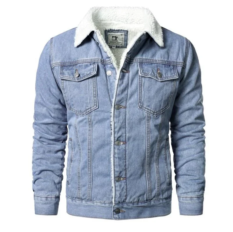 Chaqueta vaquera azul claro para hombre, abrigos informales ajustados de algodón de alta calidad, Chaquetas vaqueras más gruesas, abrigos cálidos de invierno, XS-6XL