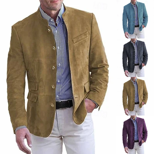Imagen 2 del producto Otoño Invierno chaqueta Blazer informal para hombre cuello alto manga larga Color sólido botonadura única chaquetas de moda con botones