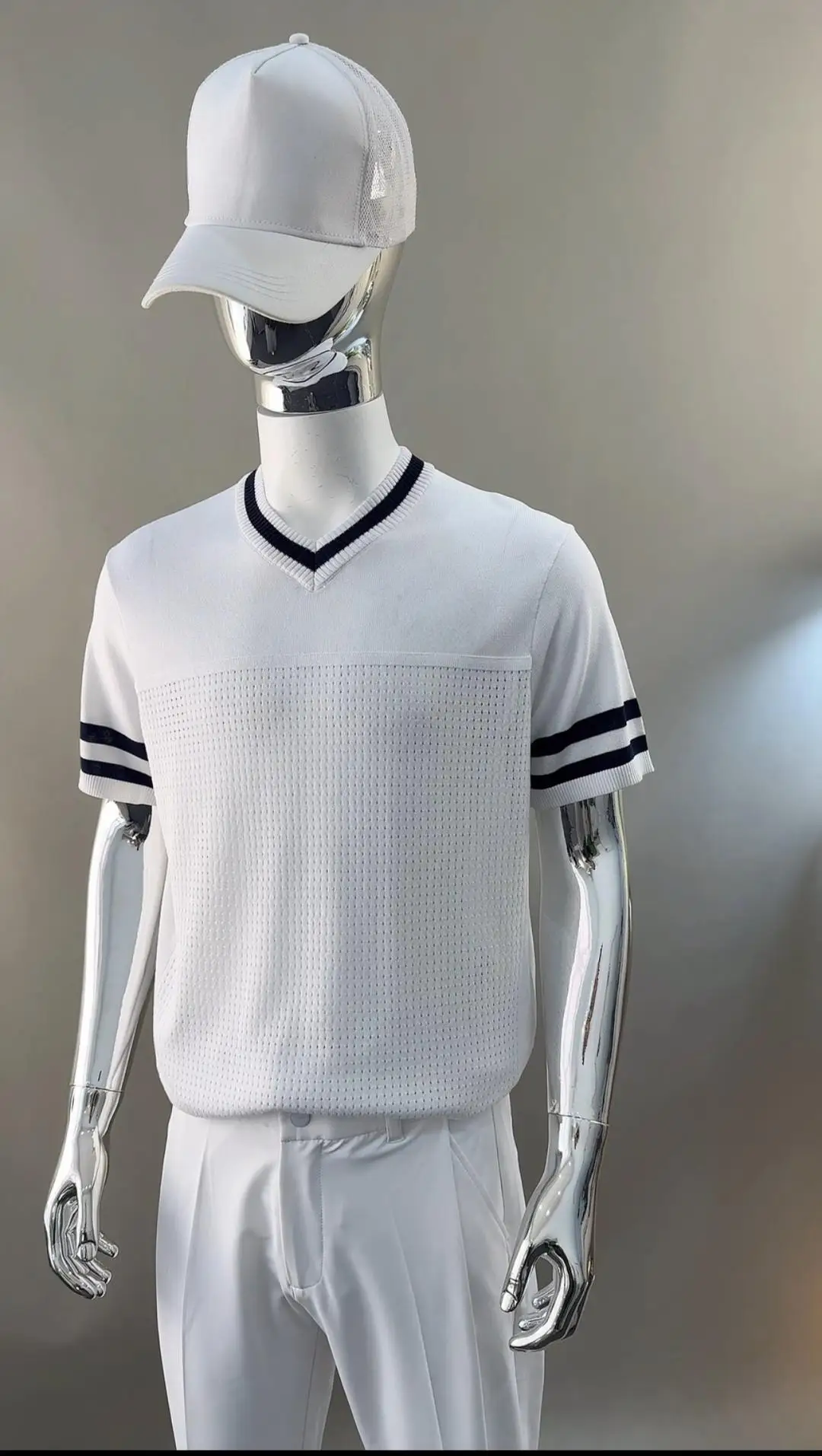 Men Color Block V Neck Knit Polo Shirts Summer Slim Fit Short Sleeve T-shirt Fashion Thin Casual Slimming Golf Daily Tops