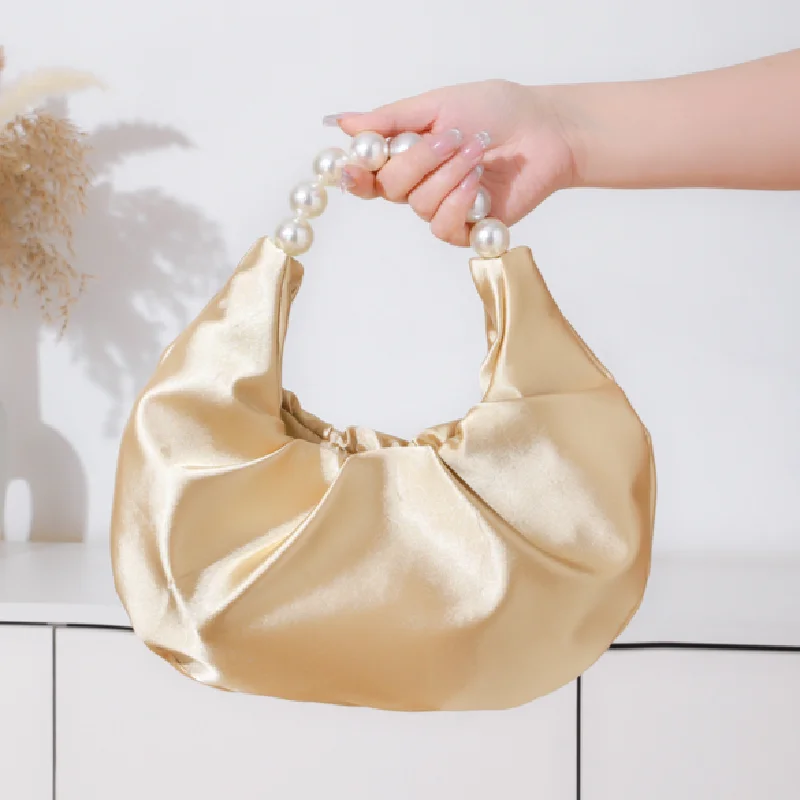 

Unique Silky Elegant Design Pearl Handbag, Niche Satin Soft Evening Bag