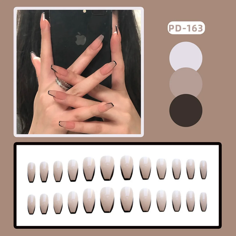 24 pezzi di stampa artificiale rimovibile senza cuciture su Nail Art unghie finte di moda staccabili con disegni unghie finte con bordo nero francese